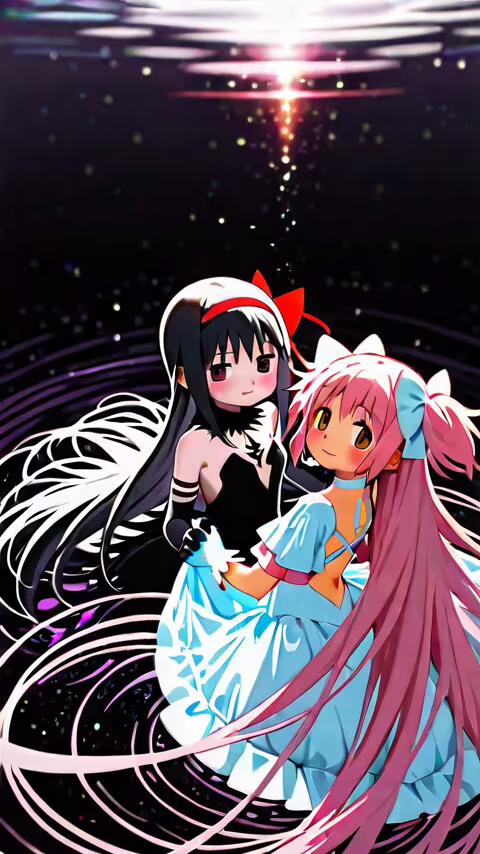Akuma Homura, a girl with long black hair in a black dress, embraces Ultimate Madoka,...