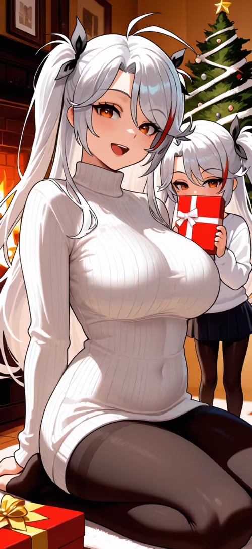 An illustration of Prinz Eugen from Azur Lane and a younger version of herself in...