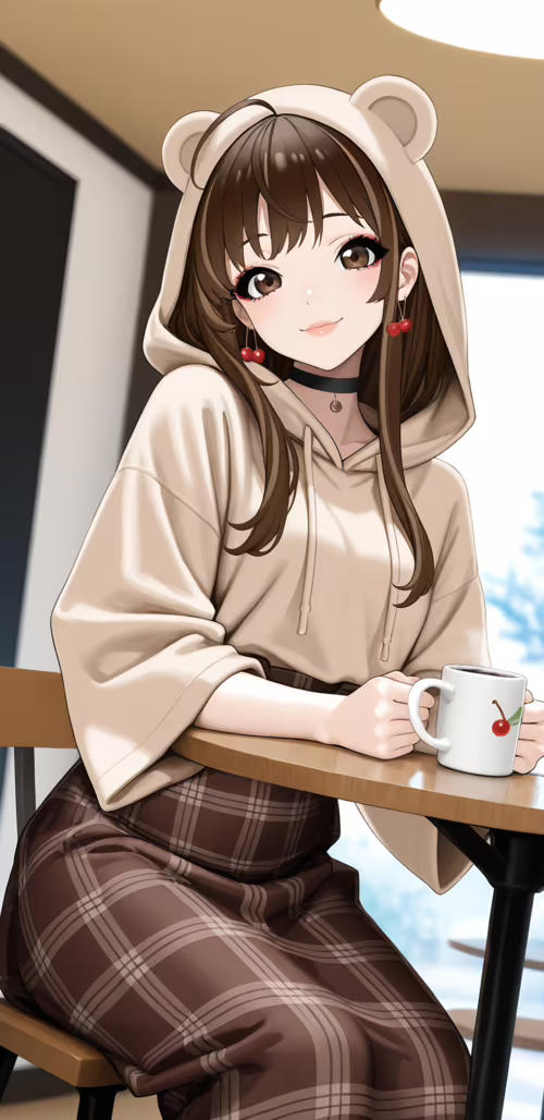 An anime-style girl with long brown hair and cherry earrings, wearing a beige hoodie...