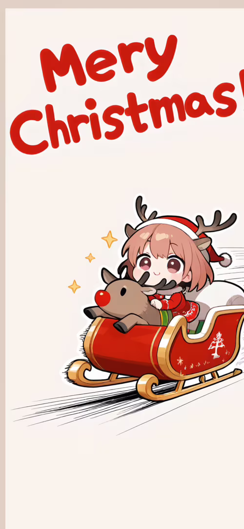 A cute anime girl in a Santa outfit joyfully rides a sleigh pulled by a reindeer...