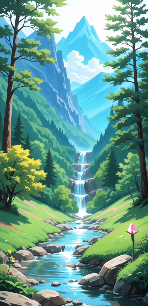 A vibrant illustration of a river valley in autumn, with two young deer on rocks,... Samsung Galaxy S9 plus free background