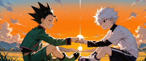 Gon Freecss and Killua Zoldyck from Hunter x Hunter smiling at each other as they... free hd wallpapers