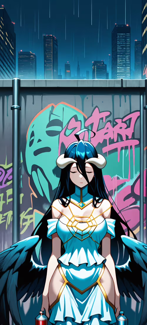 Albedo from Overlord in a tight black catsuit, standing in a rainy cyberpunk city... Honor X9 pictures for wallpaper