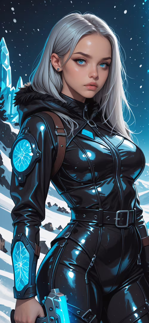 A woman with long silver hair and bright blue eyes wearing a tight black sci-fi bodysuit...