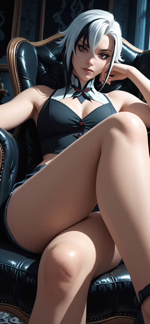 Arlecchino from Genshin Impact, a woman with short black and white hair, sits in... wallpapers for android