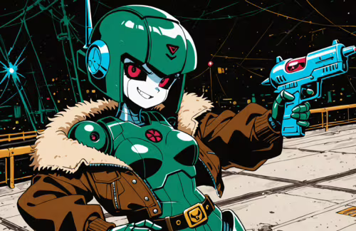 A retro-style illustration of a female robot pilot with a green metallic body, wearing... desktop wallpaper