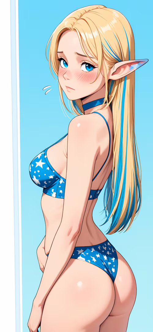 A close-up portrait of a young elf girl with long blonde hair and light blue streaks,...