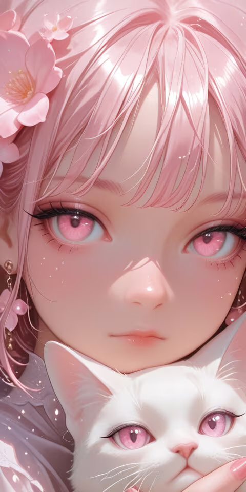 A close-up illustration of a young anime-style woman with short pink hair, pink eyes,...