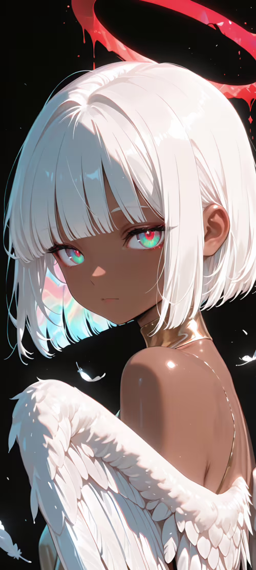 An anime-style illustration of a dark-skinned angel with short white hair and vibrant,... Honor 200 wallpapers for android