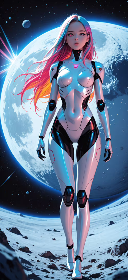 A full-body illustration of a female android with long blue hair walking on a moon.... Honor Magic6 Pro pictures for wallpaper