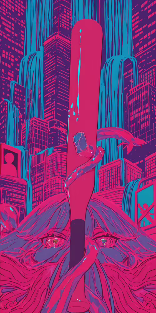 A surreal anime-style illustration with a pink and blue color scheme. A blue-haired... Doro 8080 high definition wallpaper