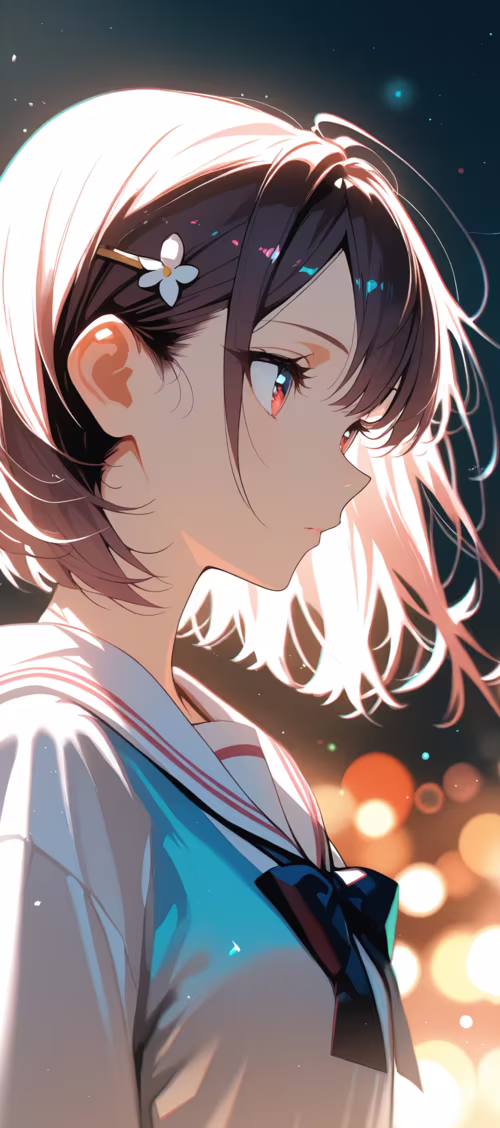 A close-up of a cute chibi anime girl with short orange hair, large red eyes, and...