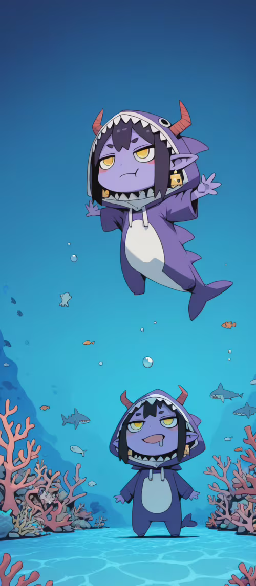 A purple-skinned chibi demon girl with horns and yellow eyes wearing a blue shark... download free phone wallpaper