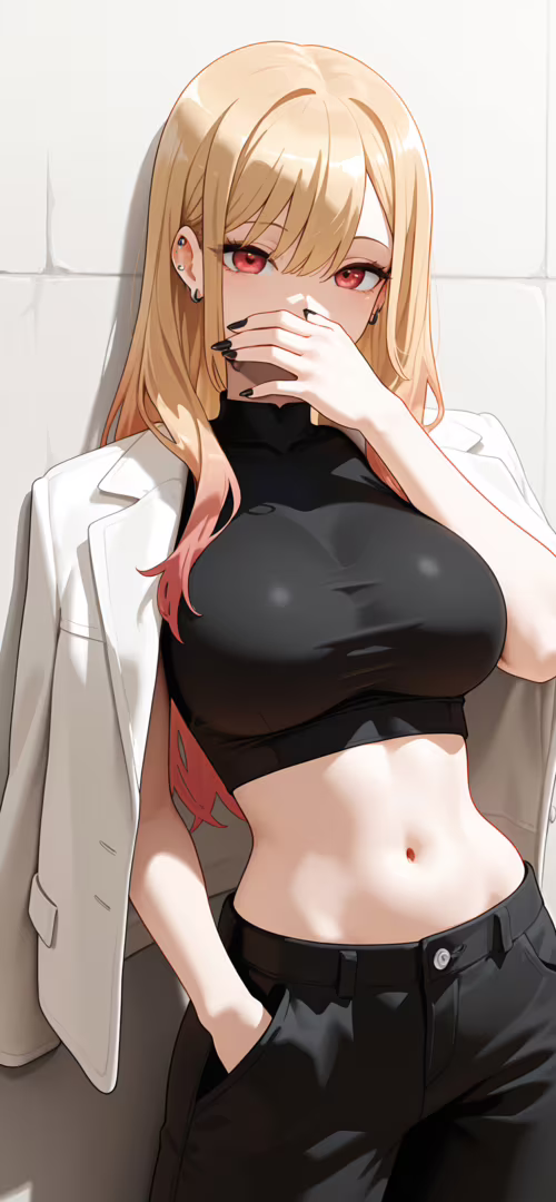 An illustration of Marin Kitagawa from 'My Dress-Up Darling' leaning against a wall.... wallpaper