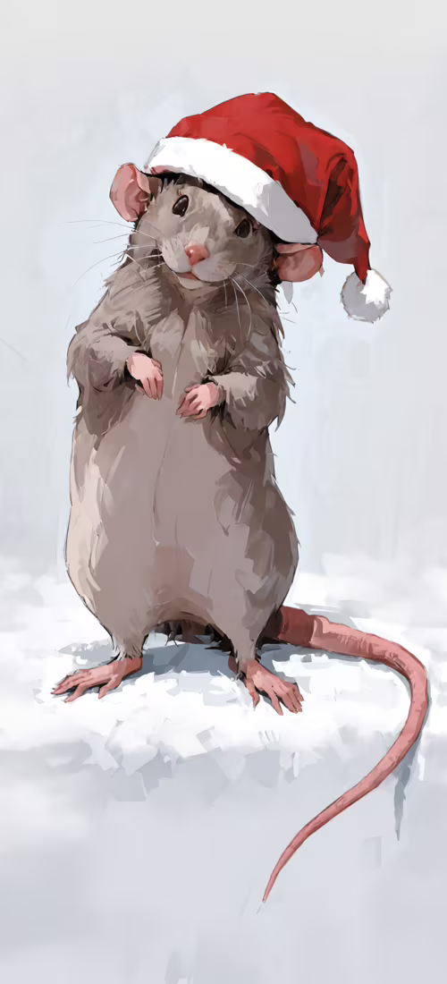 A brown rat standing on its hind legs while wearing a red and white Santa hat, set... OnePlus 12R wallpaper download