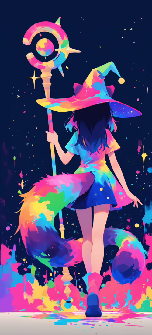A full-body illustration of a young anime-style witch with dark hair and animal ears.... OnePlus 12R free wallpaper
