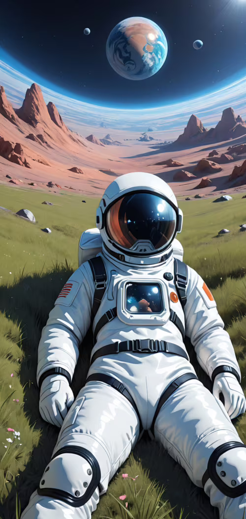 An astronaut in a white spacesuit lies back in a grassy field with pink flowers on...