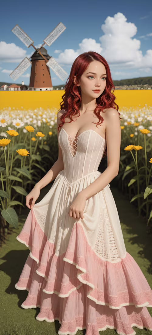 A young woman with long red hair and green eyes wearing a pink and white corset dress...