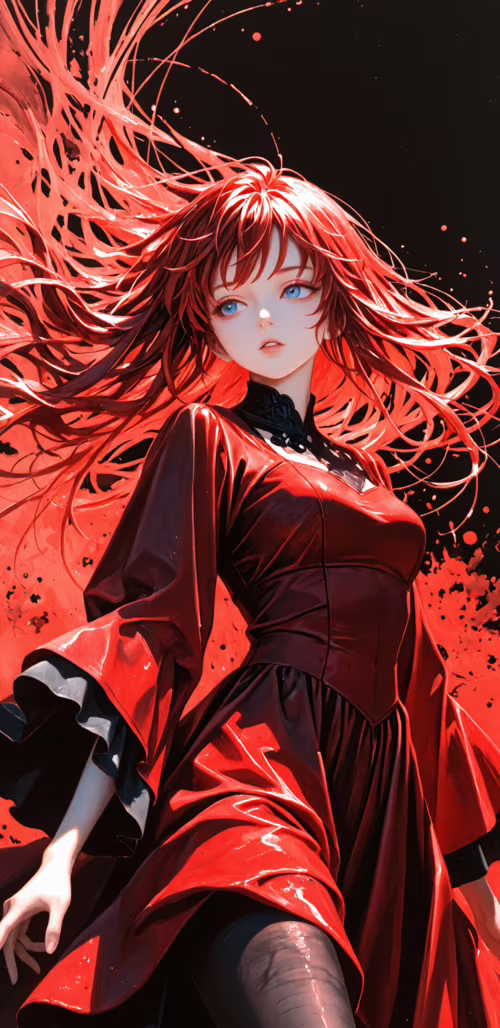 An anime-style painting of a young woman with long, flowing red hair and blue eyes,... hand phone wallpaper