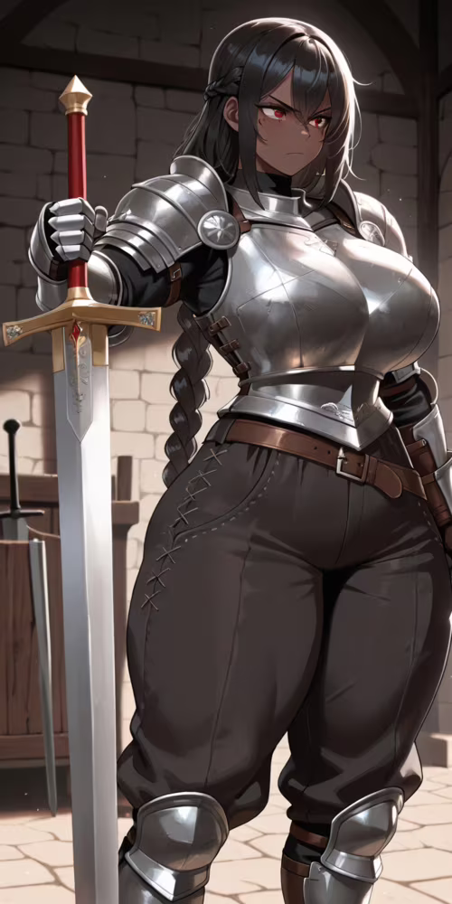 A strong, dark-skinned female knight with black braided hair and red eyes, wearing... Doro 8080 wallpaper download