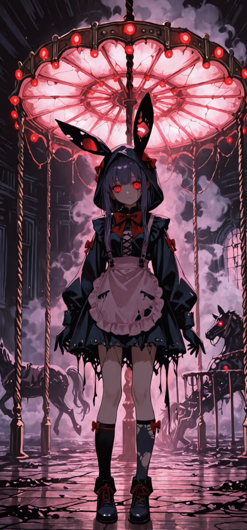 An anime girl with purple hair and glowing red eyes stands in a dark, decaying carnival... Samsung Galaxy Note 20 Ultra wallpaper
