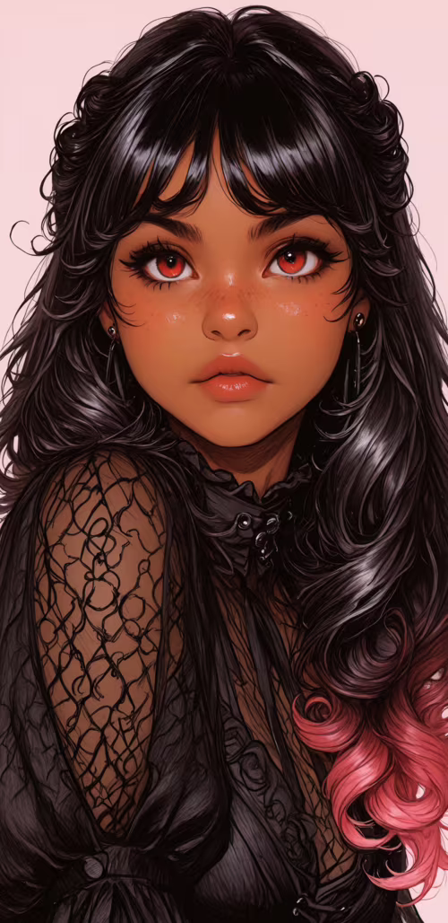 A digital illustration of a beautiful young woman with dark skin, long curly black...