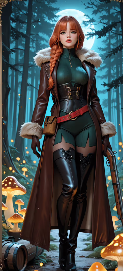 A full-body illustration of a female huntress with auburn hair in a red leather coat... free background images
