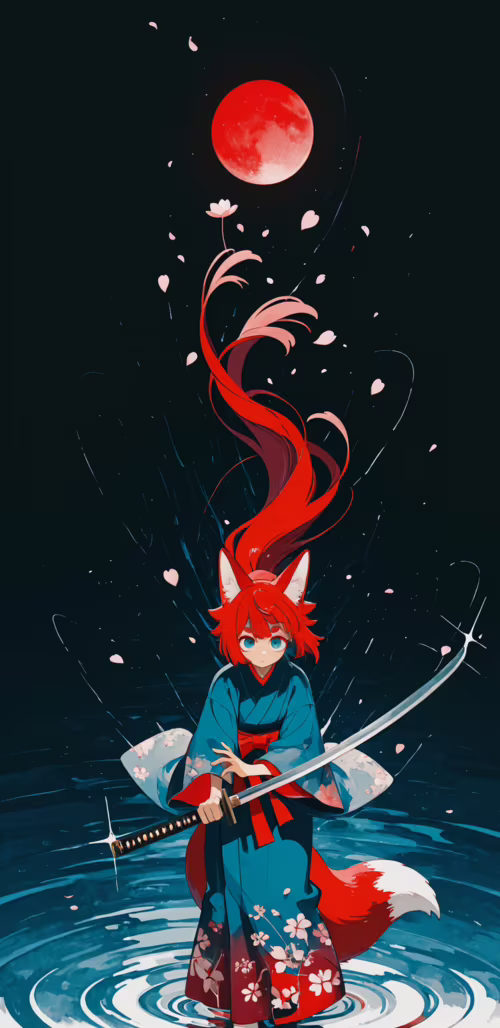 An anime-style illustration of a red-haired fox girl in a blue kimono, standing in...