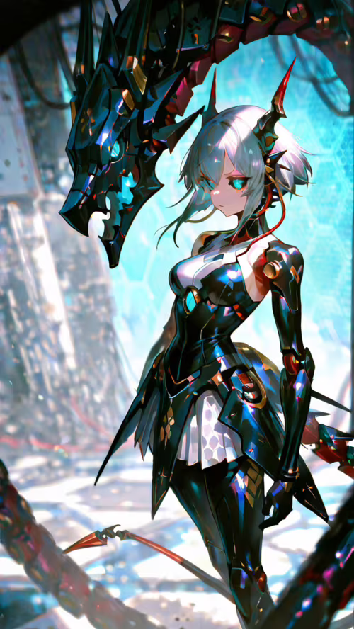 A white-haired anime girl in a red and black cybernetic suit with horns, a mechanical... free wallpaper