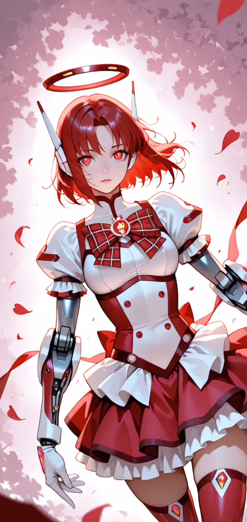 An anime girl with long red hair and a robotic halo wears a red and white magical...