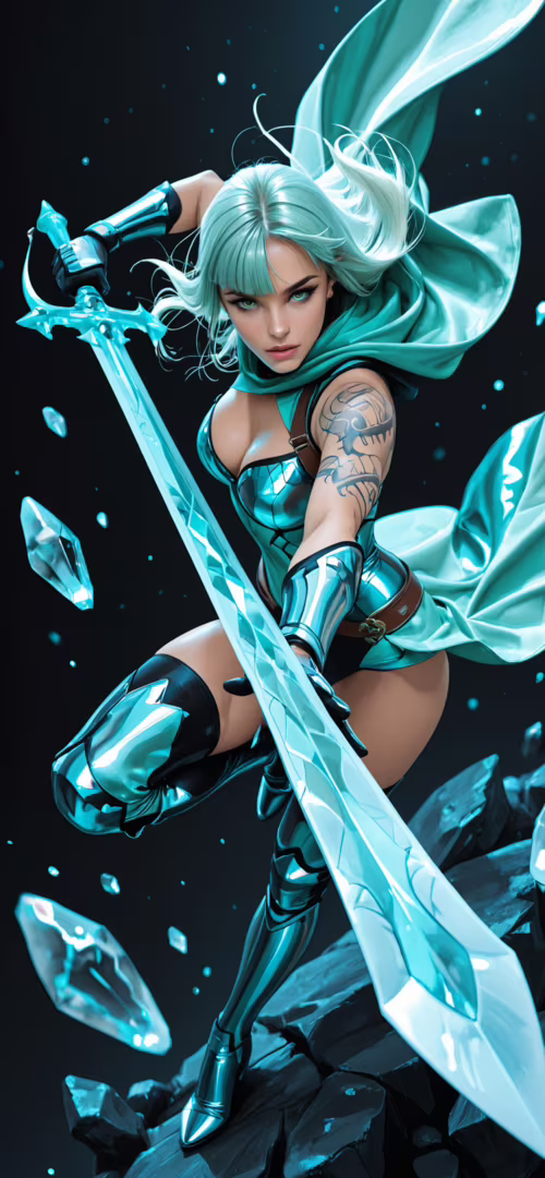 A full-body digital painting of a fantasy female warrior with long light blue hair... high definition wallpaper