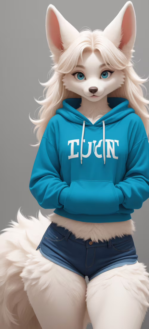 An anthropomorphic white wolf with blue eyes and a fluffy tail, wearing a green hoodie... OnePlus 12R wallpaper photo gallery download