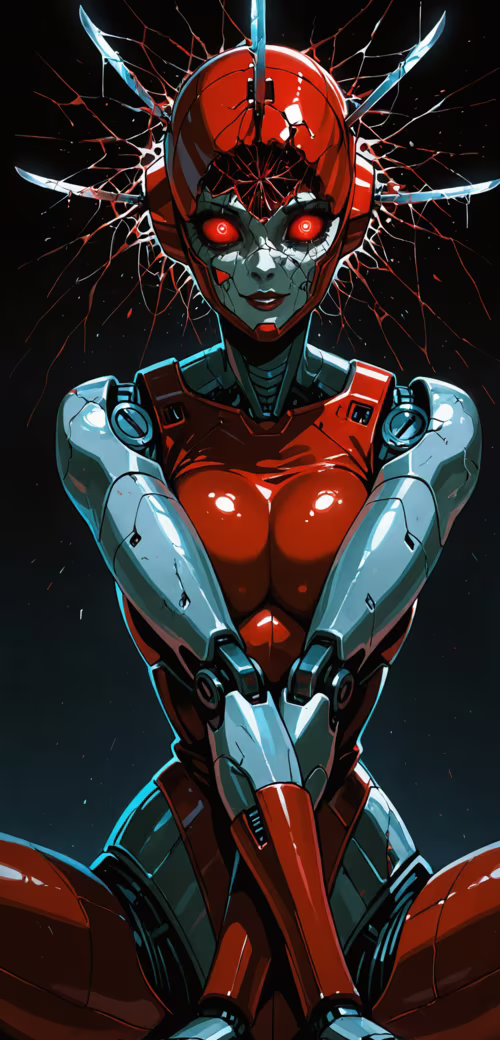 A female android with a red face and dark metallic body looks upward in shock. Her... Doro 8080