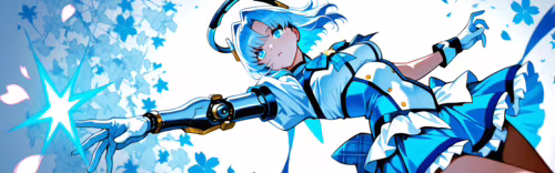 An anime-style illustration of a cybernetic girl with short white and blue hair,... wallpaper download