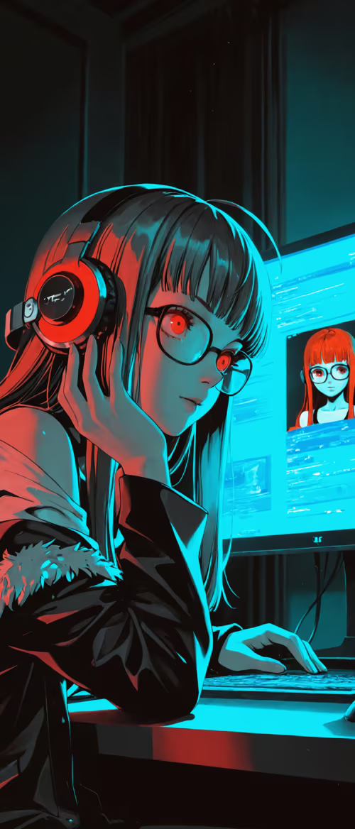 An anime-style illustration of Futaba Sakura from Persona 5, wearing large red headphones... wallpaper images