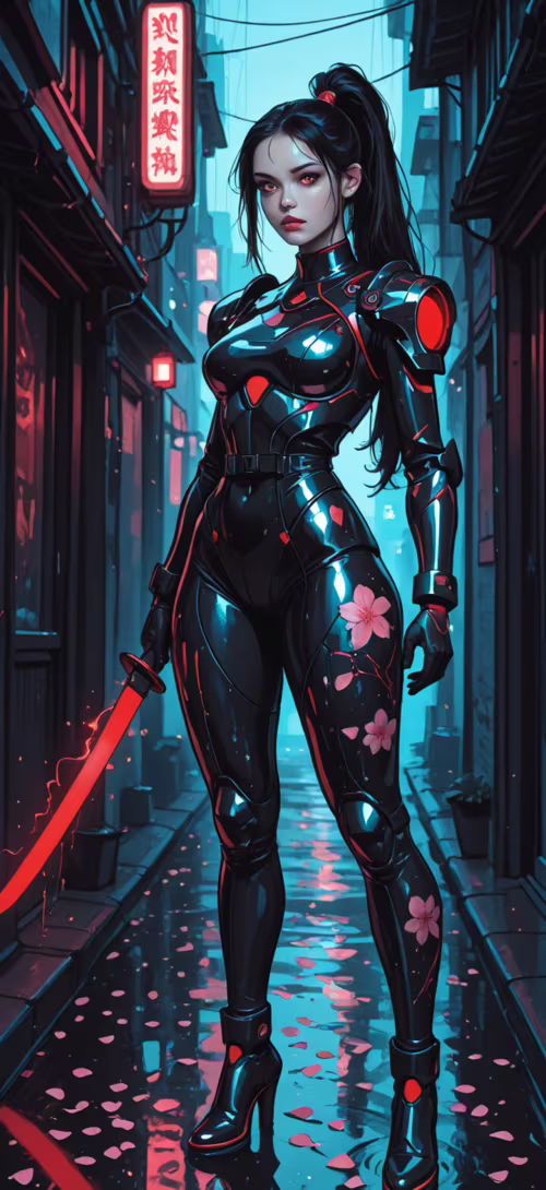 A female warrior in futuristic black and red armor stands in the middle of a rainy,...