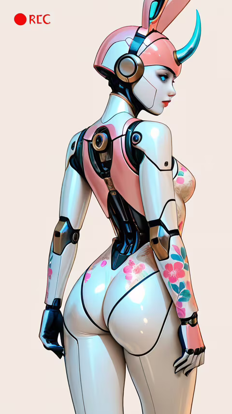 A female android with a white body and floral patterns shown from the back. She wears... hand phone wallpaper