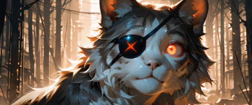A highly detailed digital painting of a fluffy, white and grey cat with a black eyepatch... wallpaper