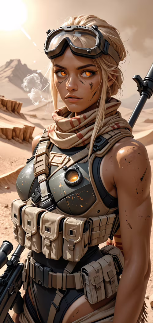 A close-up portrait of a young woman with blonde hair and amber eyes in a desert.... Samsung Galaxy S10 5G hand phone wallpaper