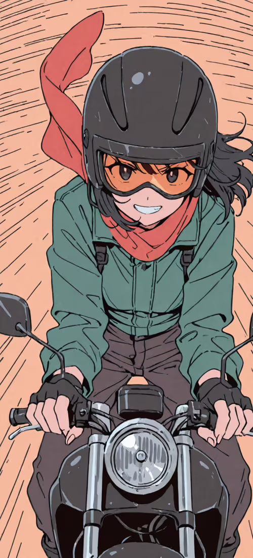 An anime girl with black hair and a determined expression rides a motorcycle through... free background images