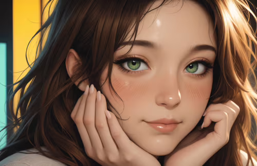 A digital portrait of a young woman with long brown hair and striking green eyes.... ps4 wallpaper