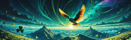 A majestic green and yellow bird flies over a vast field of four-leaf clovers at... ps4 wallpaper