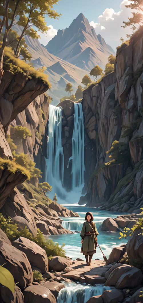 An anime-style illustration of a young female adventurer with red hair, wearing a...