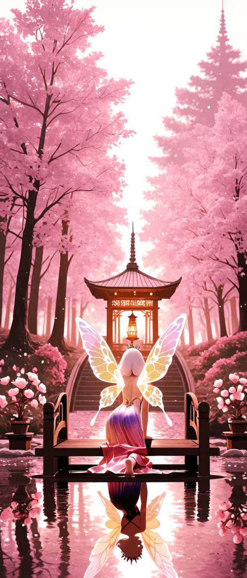 A white-haired fairy queen with large, glowing wings, seen from behind, kneels on... ZTE nubia Flip 5G free hd wallpapers