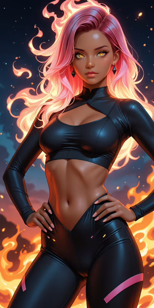 A digital illustration of a dark-skinned woman with long, flaming pink hair and yellow... Doro 8080 download free phone wallpaper