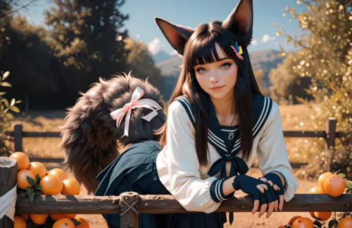 A young woman with black fox ears and a fluffy tail, wearing a sailor school uniform... wallpaper for laptop download