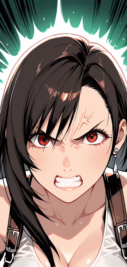 An illustration of an angry Tifa Lockhart from Final Fantasy VII Rebirth with long...