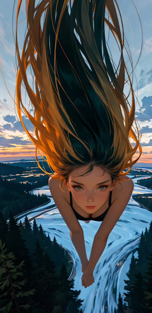 An illustration of a young woman with long, windswept blonde and dark hair, wearing... lock screen wallpaper