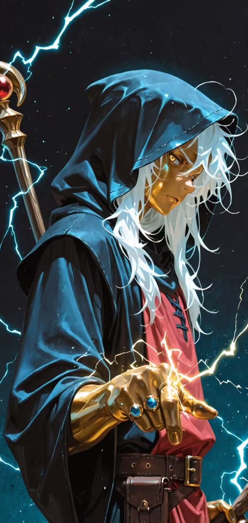 A male wizard with gold skin, long white hair, and a black hooded robe, pointing... wallpaper download