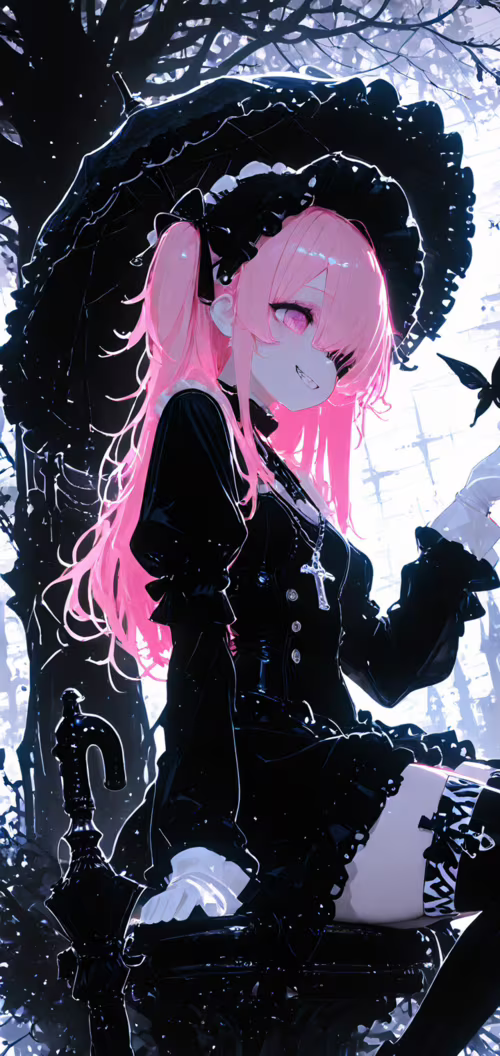 An anime girl with long pink hair and a black eyepatch, dressed in a black Gothic...